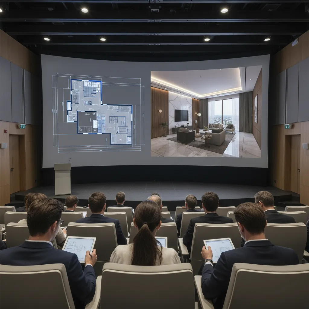 Pantalla mostrando planos y renders de un proyecto de interiorismo durante una charla