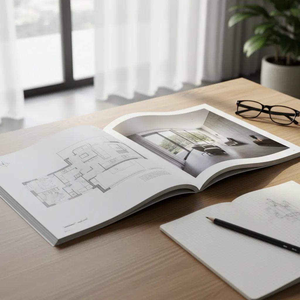 Revista de arquitectura abierta mostrando planos y fotografías de un proyecto