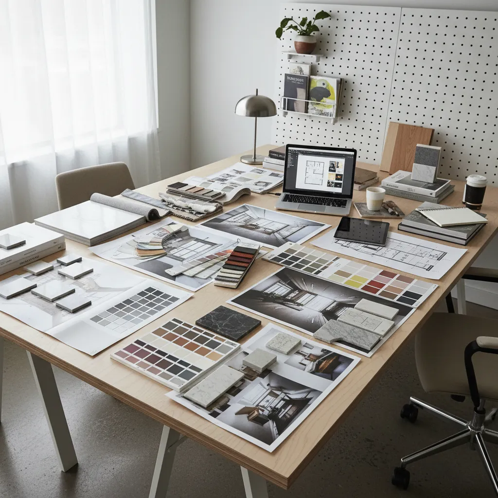Diseñador analizando varias referencias de interiores sobre una mesa de trabajo