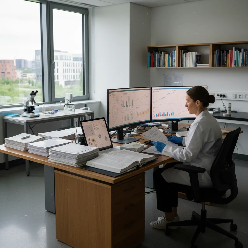 Researcher at a wooden desk with two computer screens and bookshelves in an office lab