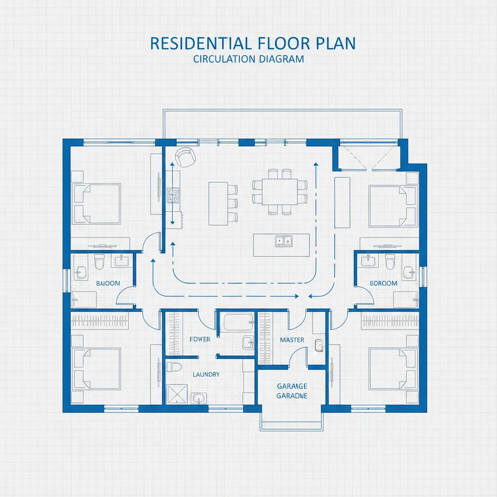 Blue and white 2D floor plan with arrows showing room layout and walking path movement