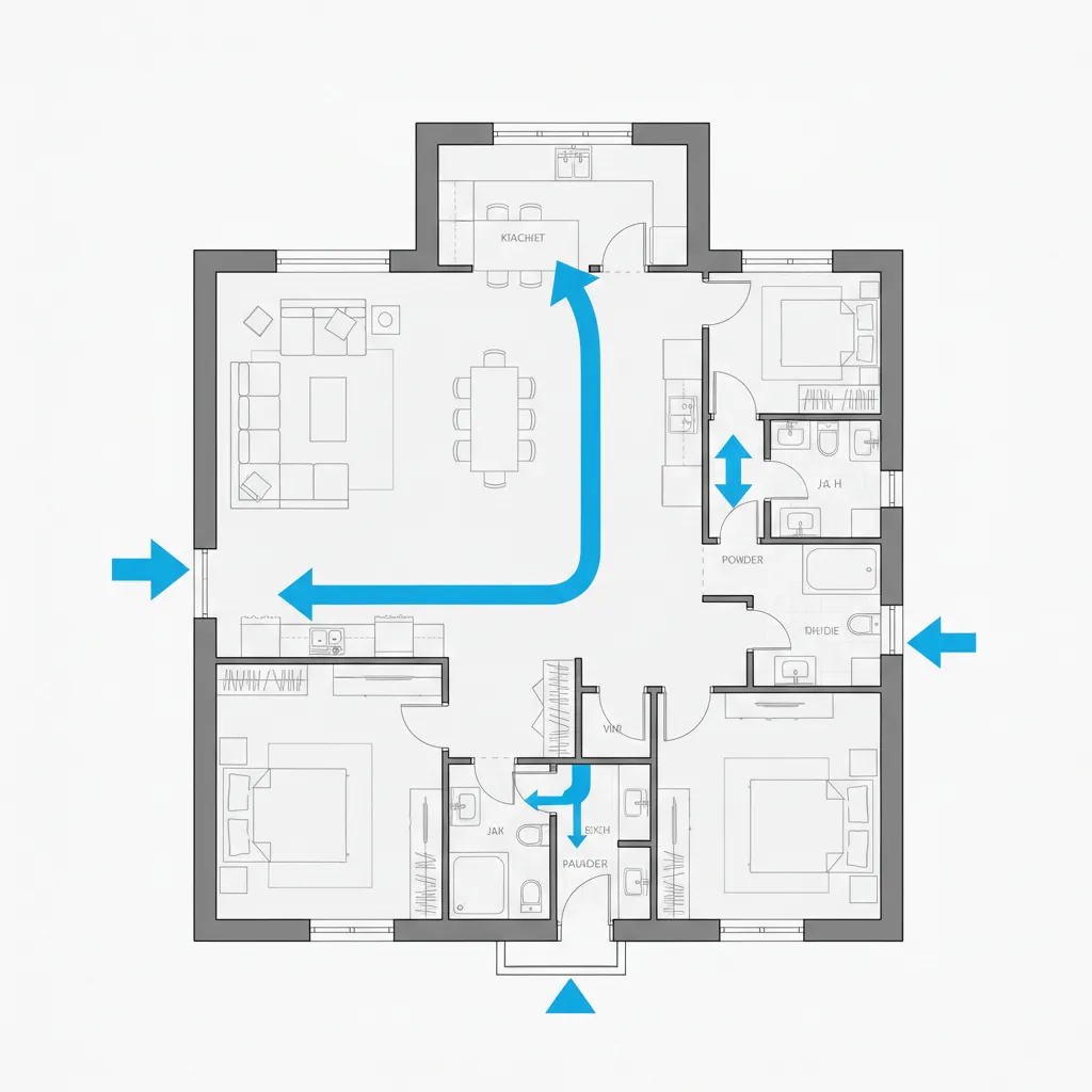 2D floor plan layout showing a house with living room bedrooms and blue movement arrows