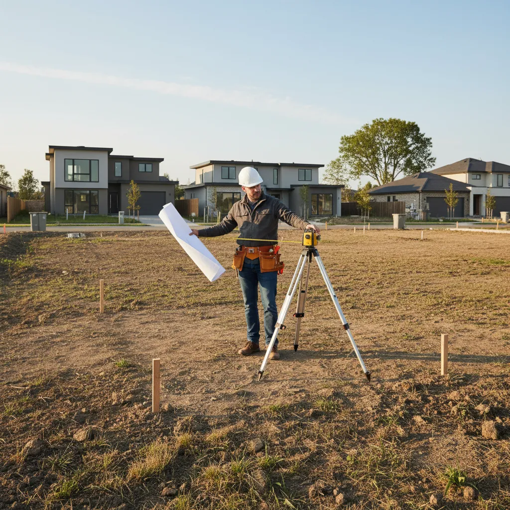 Man in hard hat holding paper plans on building site with yellow tripod measuring tool