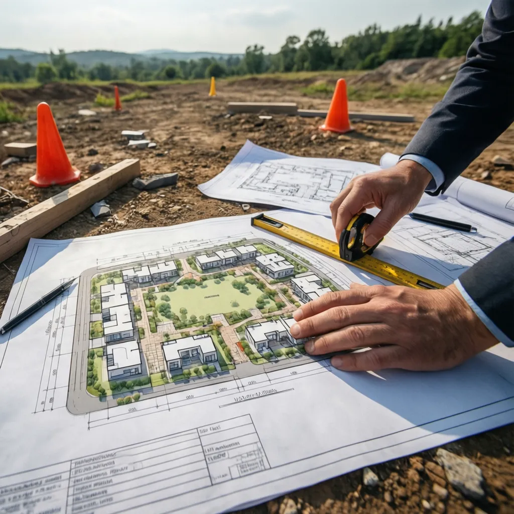 Professional hands using a tape measure on a house layout drawing at an outdoor site