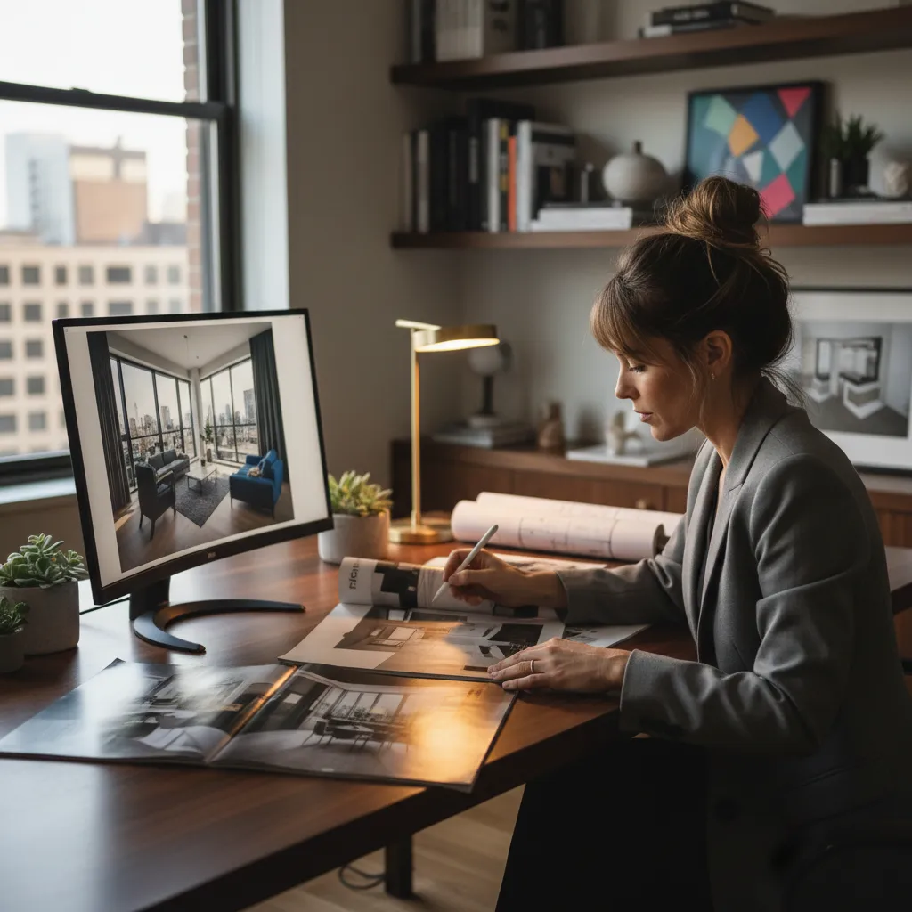 Diseñador analizando fotografías de interiores en una revista