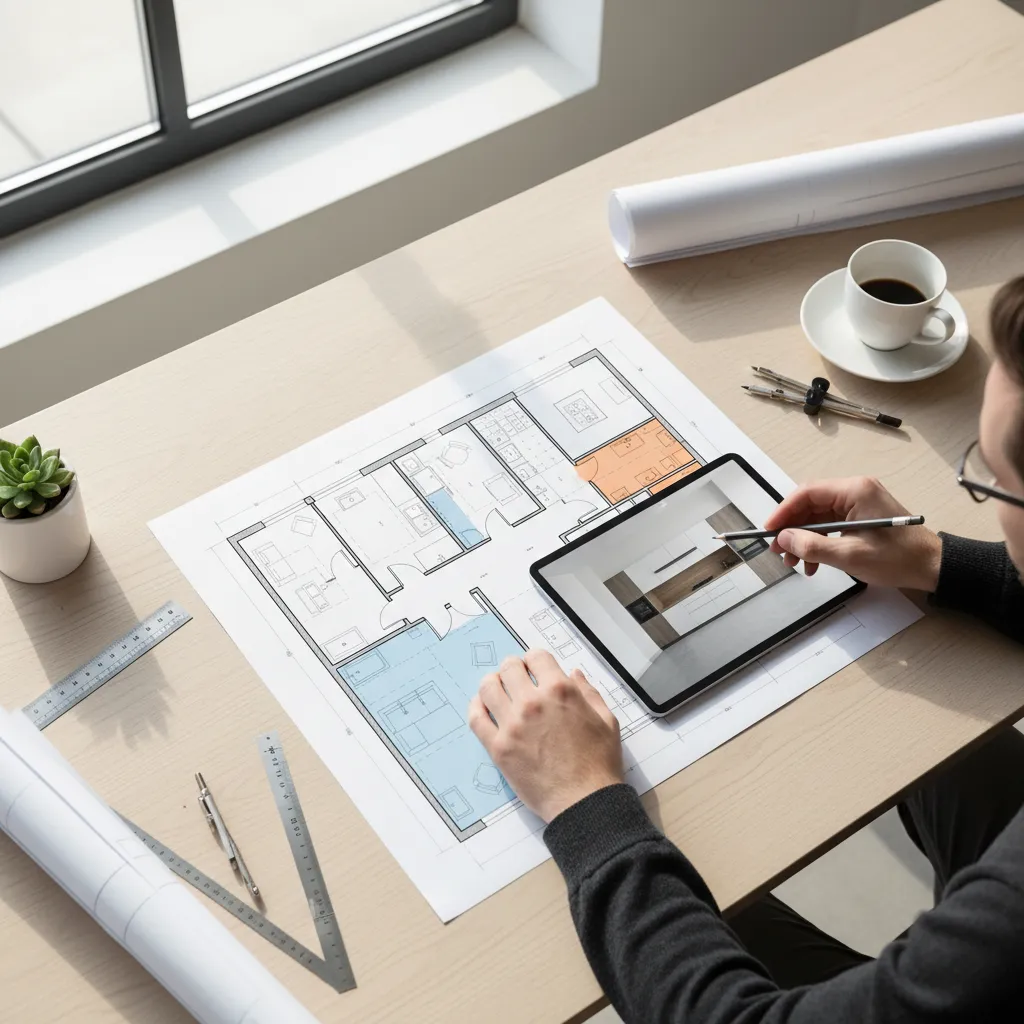 Person using a tablet and pencil to review a printed room layout on wooden desk