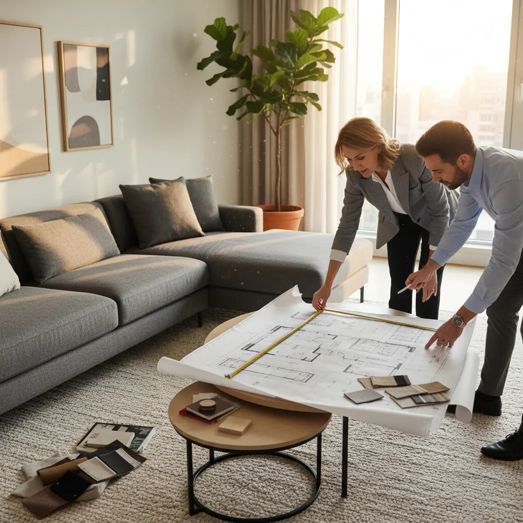 Diseñador revisando la distribución de muebles en un salón