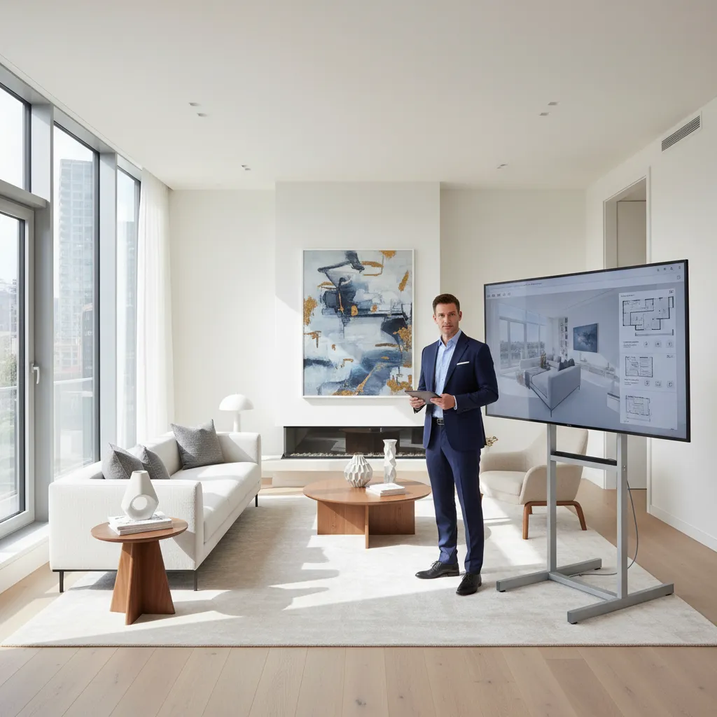 Man presenting interior design project on large screen monitor in bright modern white living room
