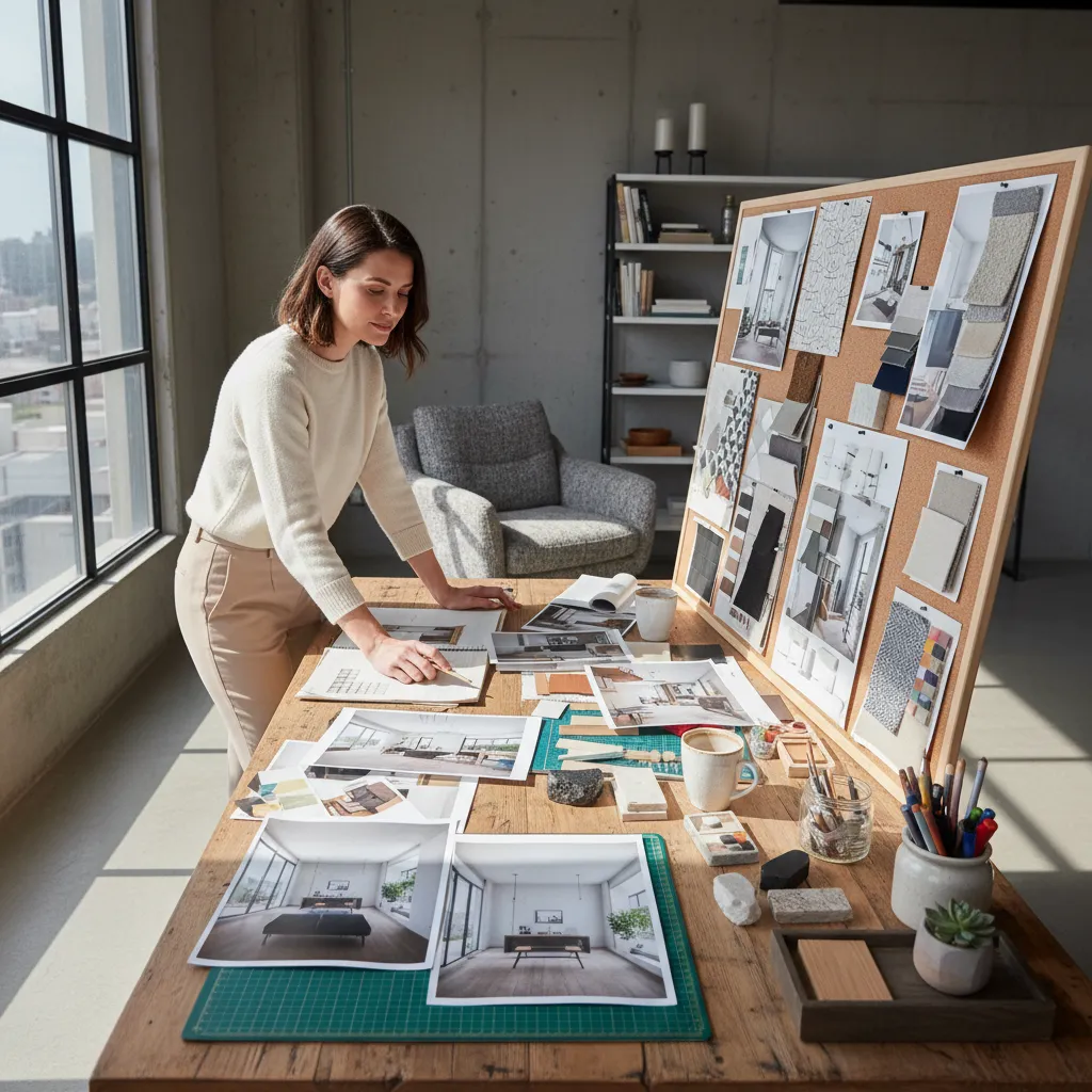 Diseñador revisando varias fotos de estilos de interiores en una mesa