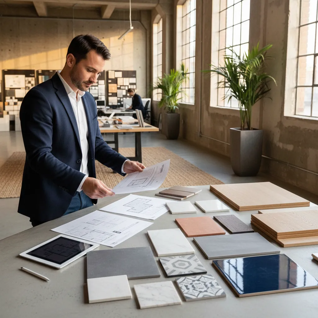Man in suit reviewing room layout drawing over a table filled with various tile samples