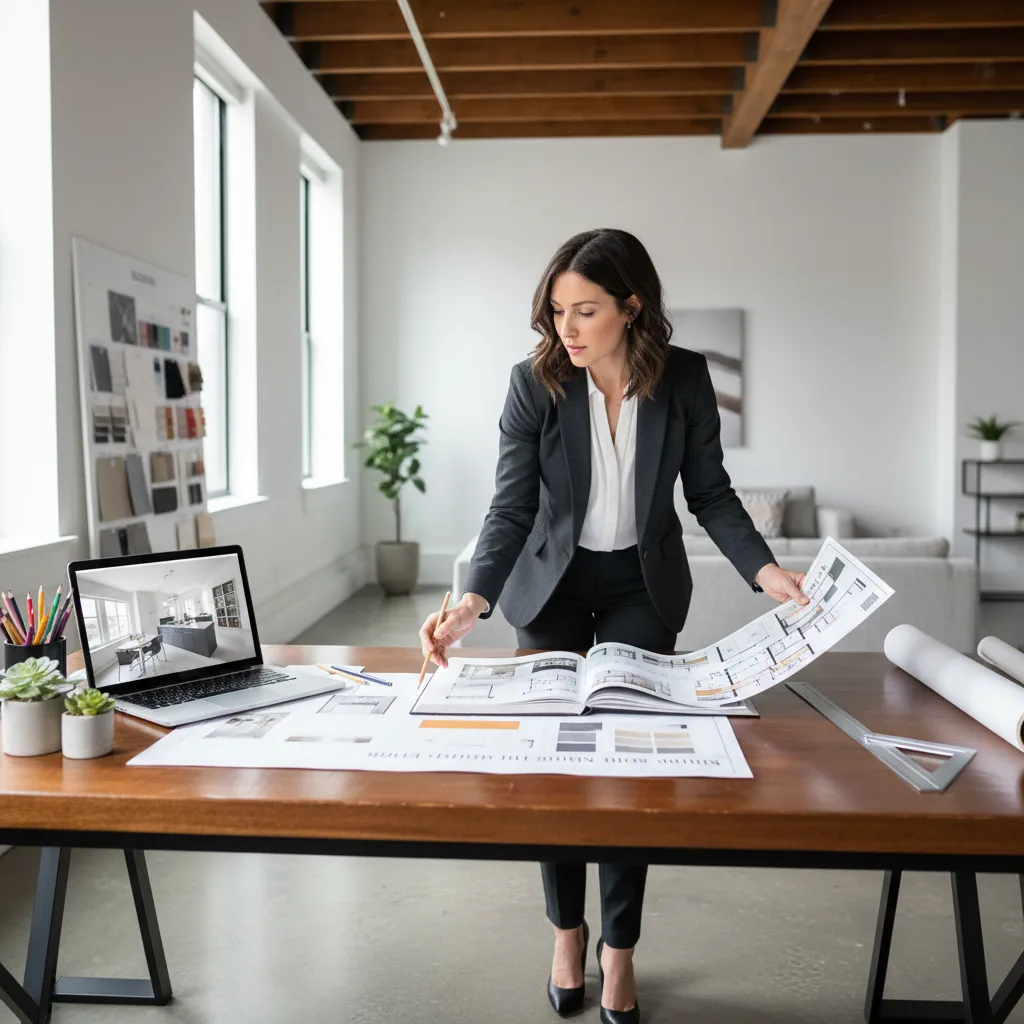 Female interior designer reviewing floor plan drawings and color samples on a large wooden table