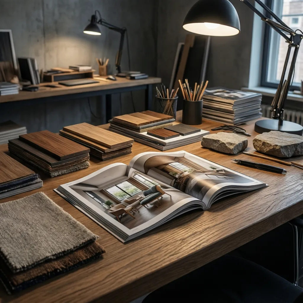 Diseñador analizando una revista de interiorismo en una mesa de trabajo con muestras de materiales