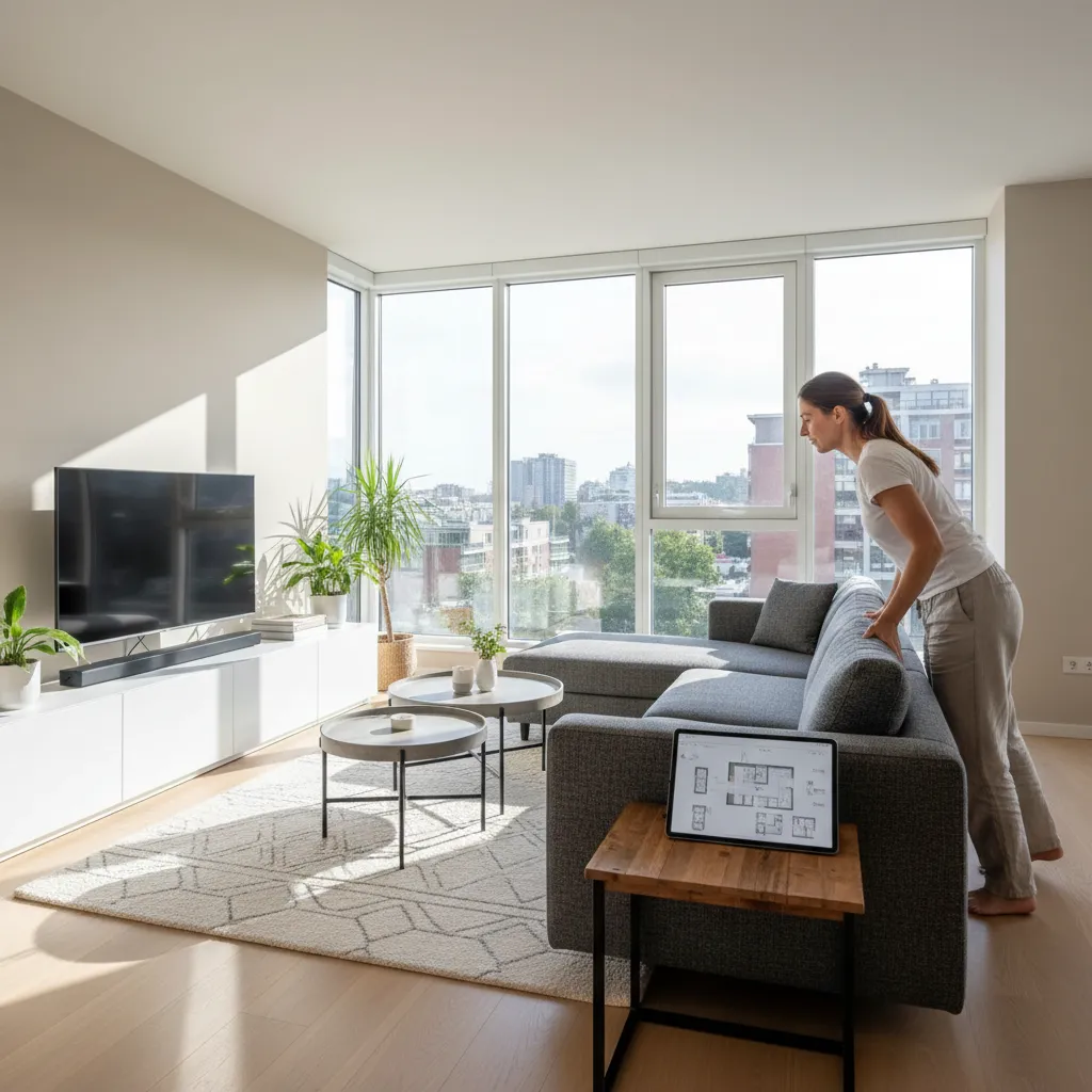 Persona reorganizando muebles en una sala para mejorar la distribución