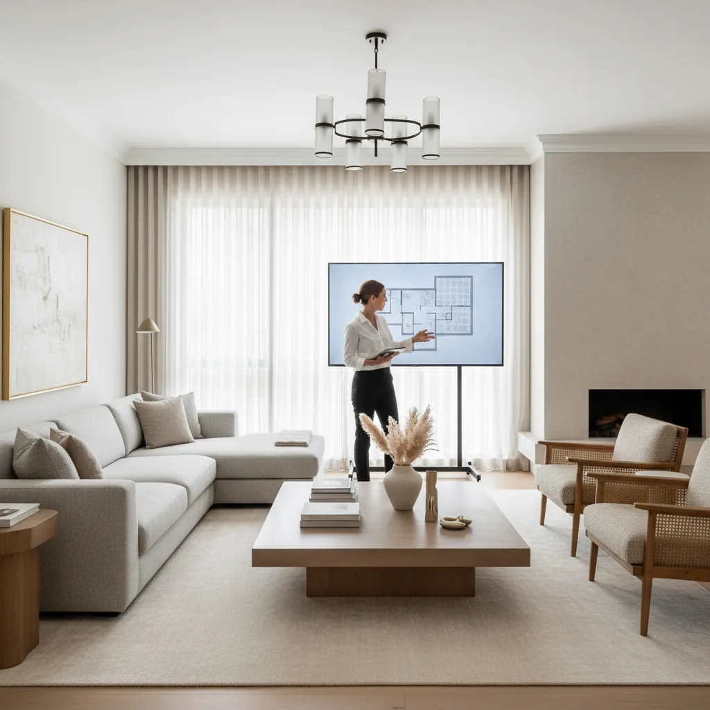 Diseñador observando un salón moderno con buena iluminación y composición equilibrada