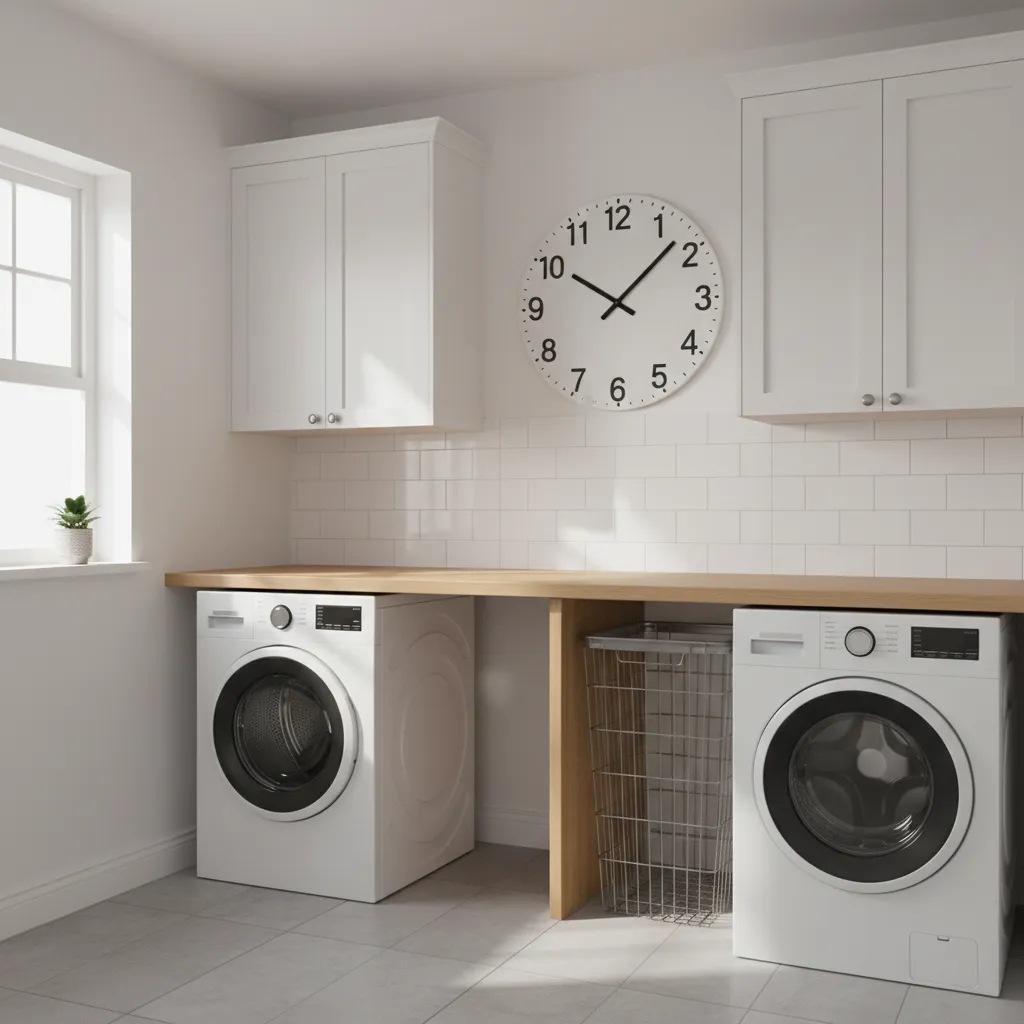 Large analog wall clock in a bright utility laundry room