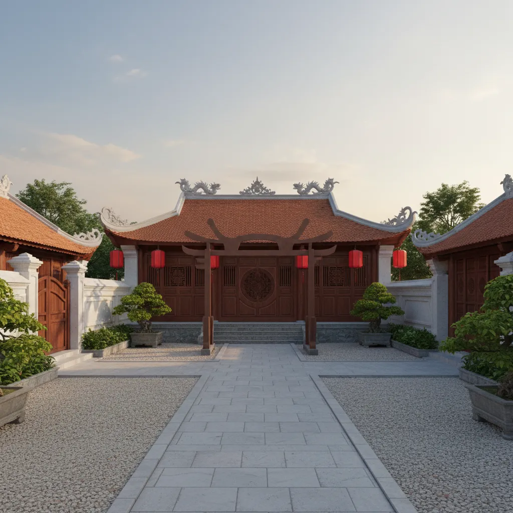 Courtyard with wooden entrance gate gravel pathways potted green bonsai trees and hanging red lanterns