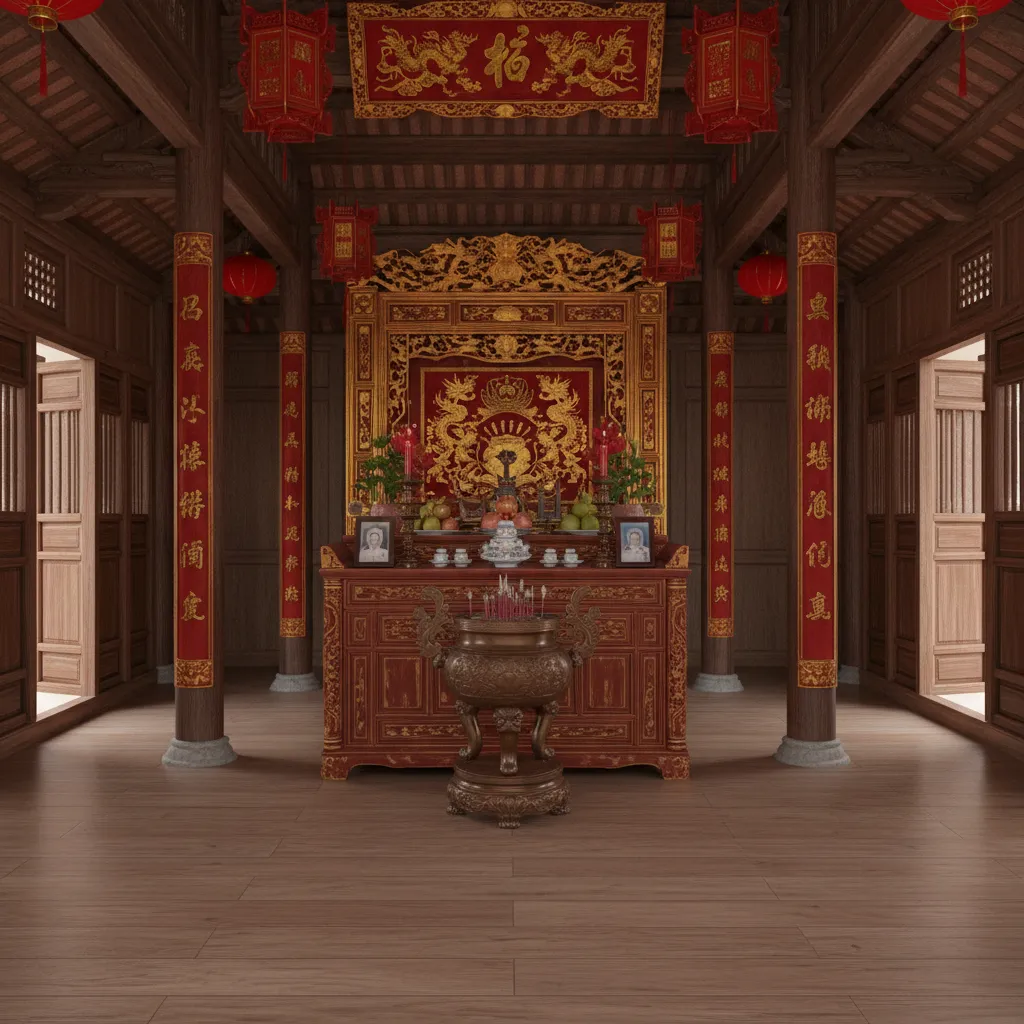 Interior wooden room featuring a large red altar with gold decorations and hanging red lanterns