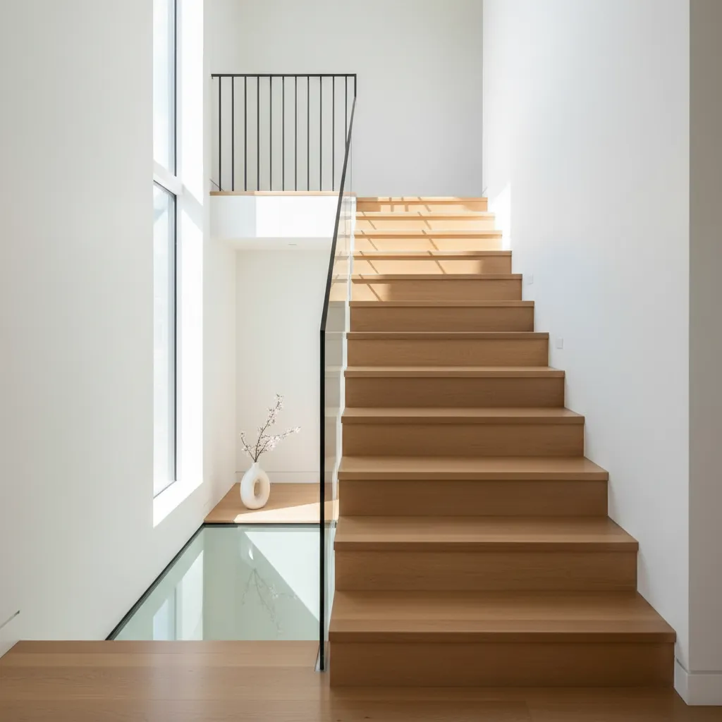 Escalera residencial amplia con barandilla moderna