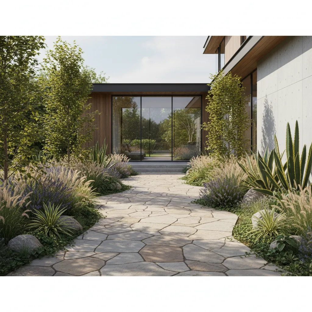 Pasillo exterior de piedra con ancho cómodo entre jardín y vivienda