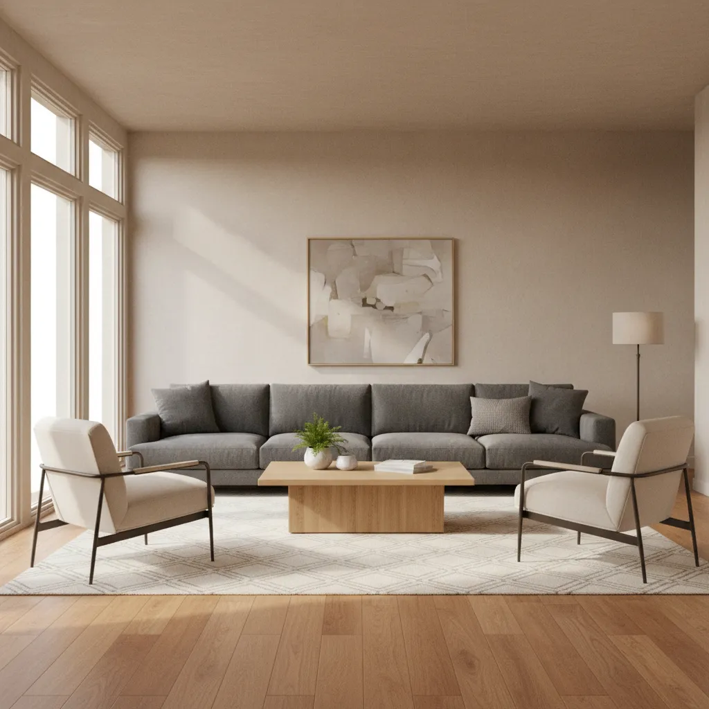 living room with sofa as anchor furniture arranged around coffee table