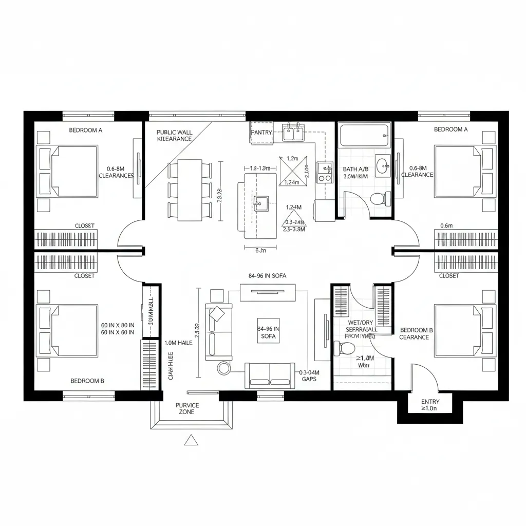 Top-down 2D plan showing primary suite and opposite kids’ wing with a central kitchen–living core