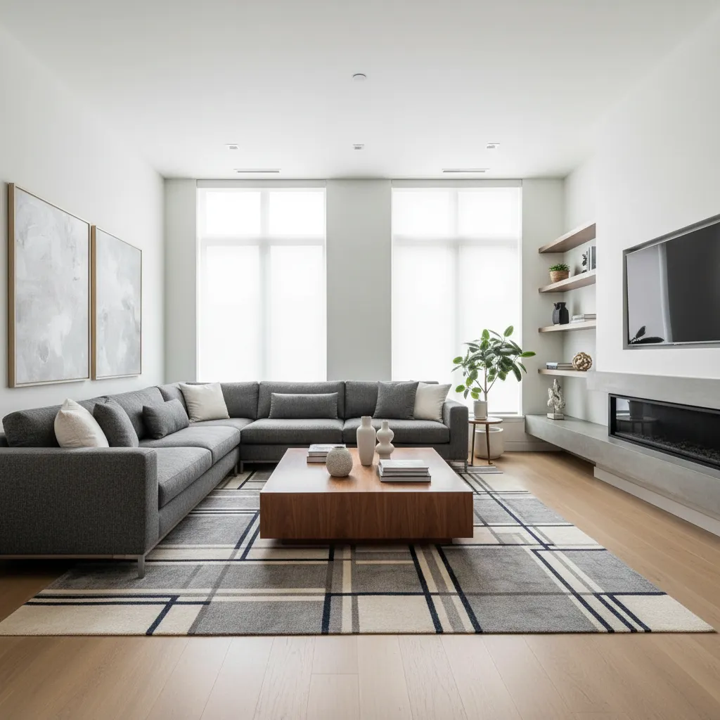 Large living room with sectional and large coffee table anchoring center