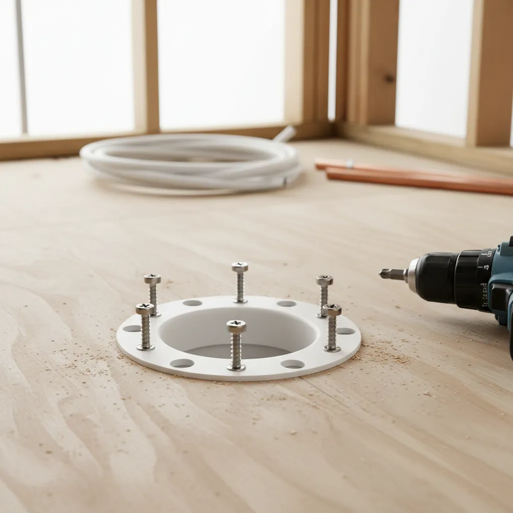 Close-up of screws securing toilet flange into bathroom subfloor