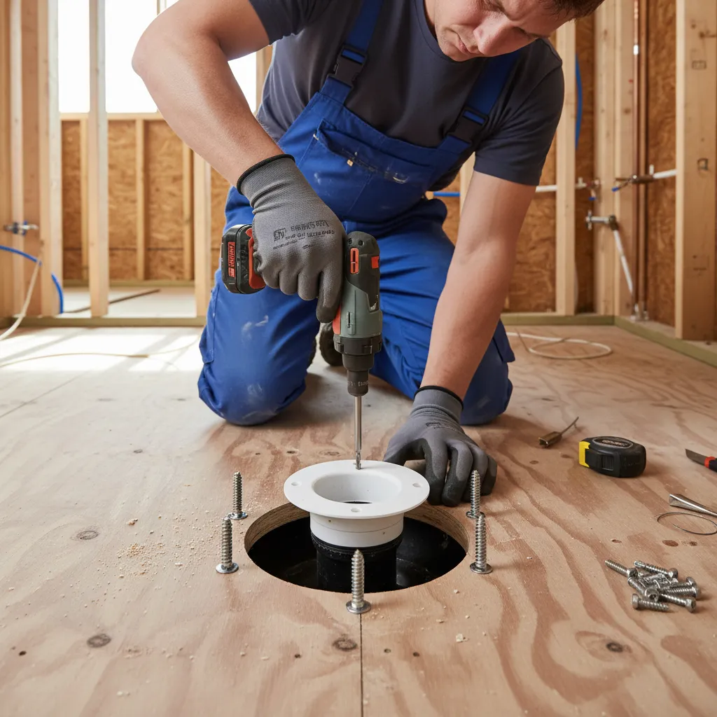 Plumber securing toilet flange to wooden subfloor with screws