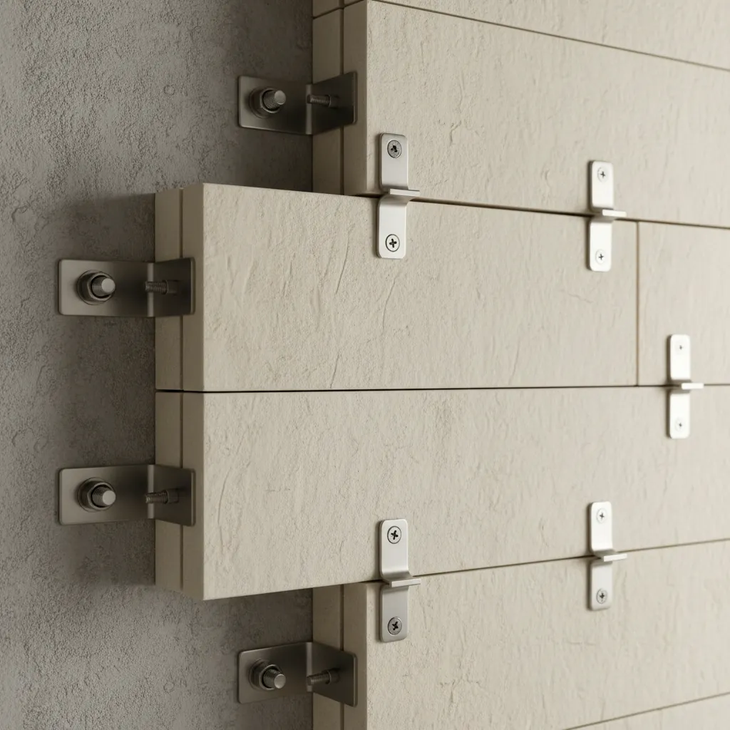 Stone wall panels being installed with metal brackets and screws on a grey textured wall
