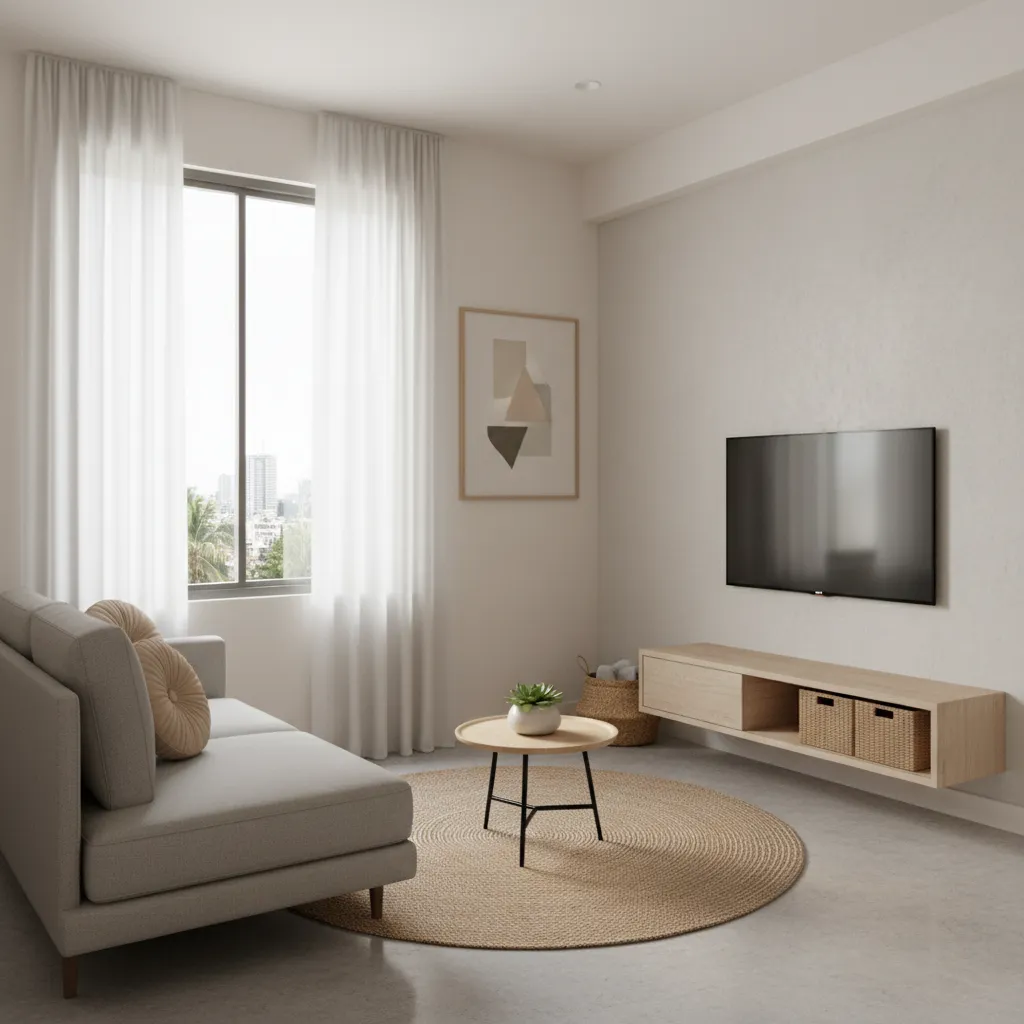 Bright compact living room in a 1 BHK apartment in Andheri East