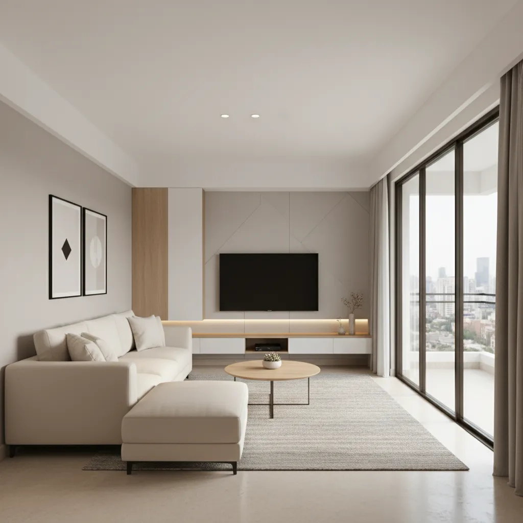 Compact living room layout design for a 2 BHK flat in Andheri East with sofa, TV wall, and balcony light