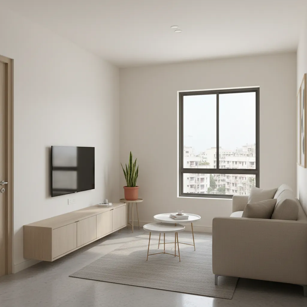 Small 1 BHK living room in Mumbai apartment with efficient furniture layout