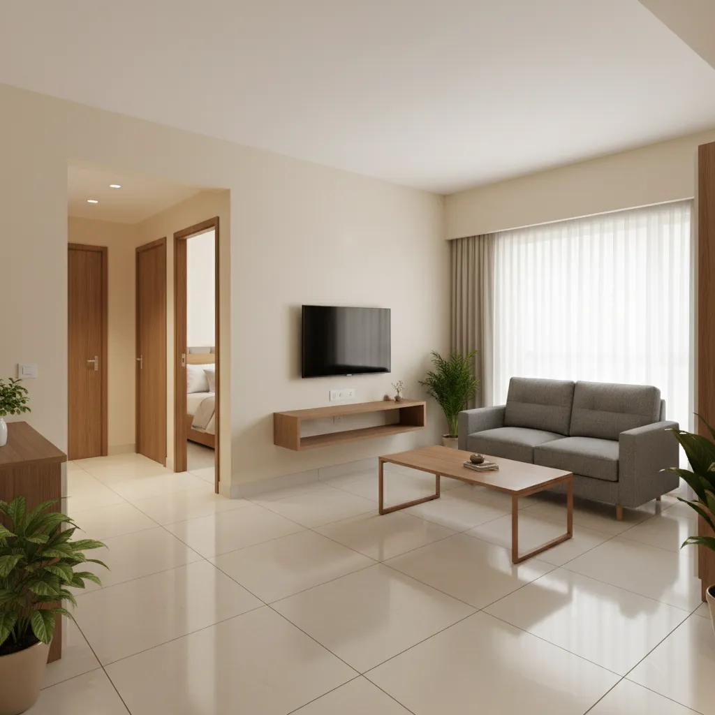 compact living room layout in 1 BHK flat in Andheri West with sofa and open layout