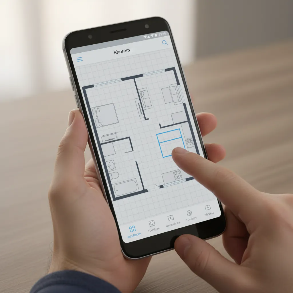 Android phone showing a floor plan design app interface with room layout in progress