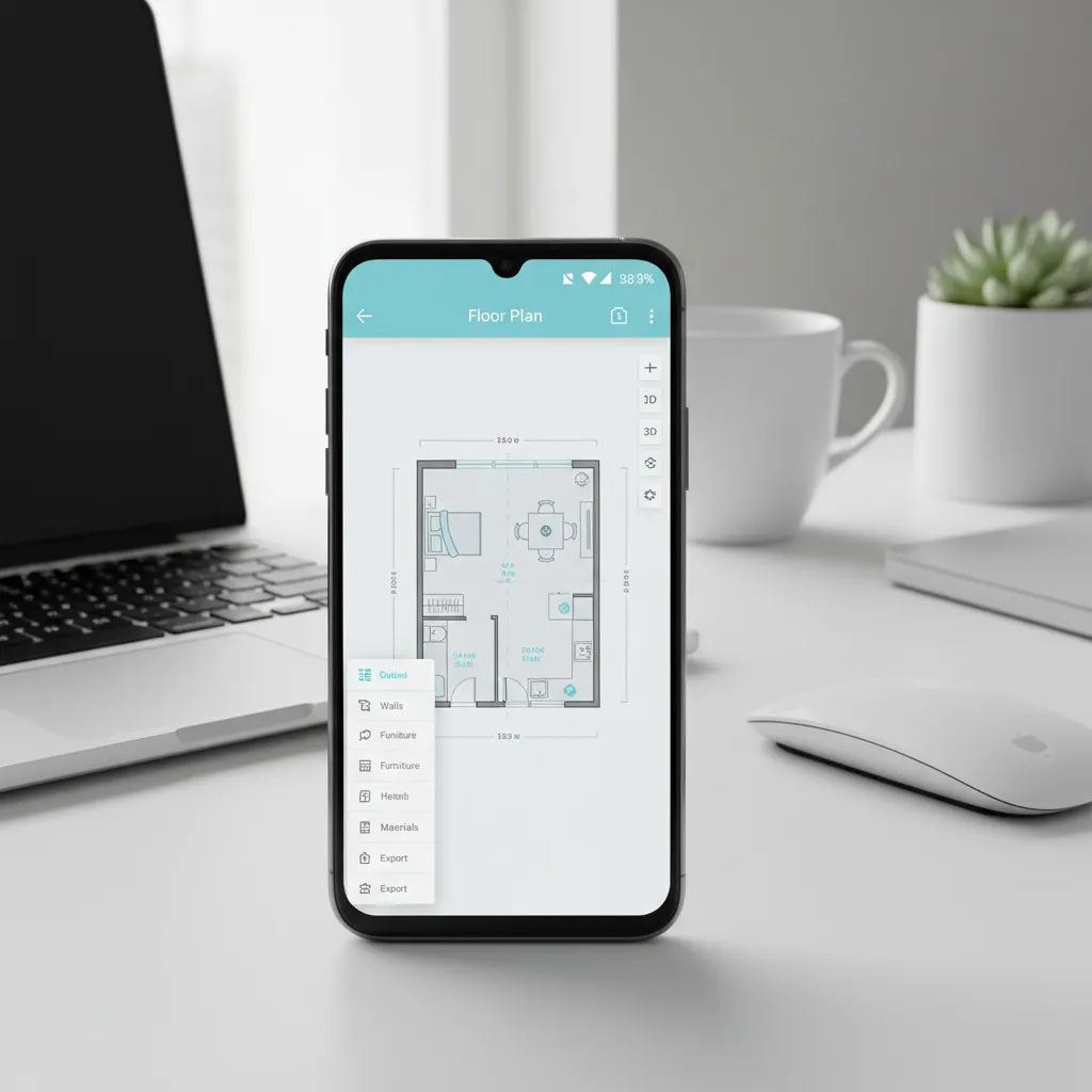 Android smartphone displaying a clean floor plan design interface with room layout tools