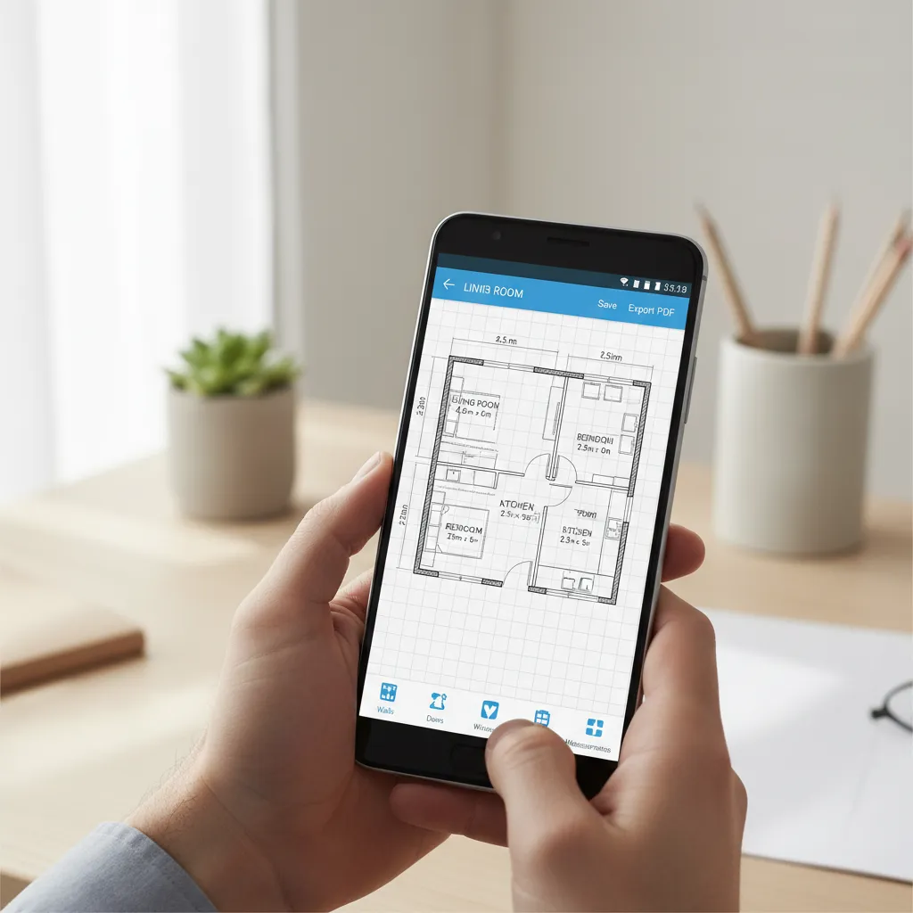 Android phone showing a floor plan drawing interface with walls and measurement lines