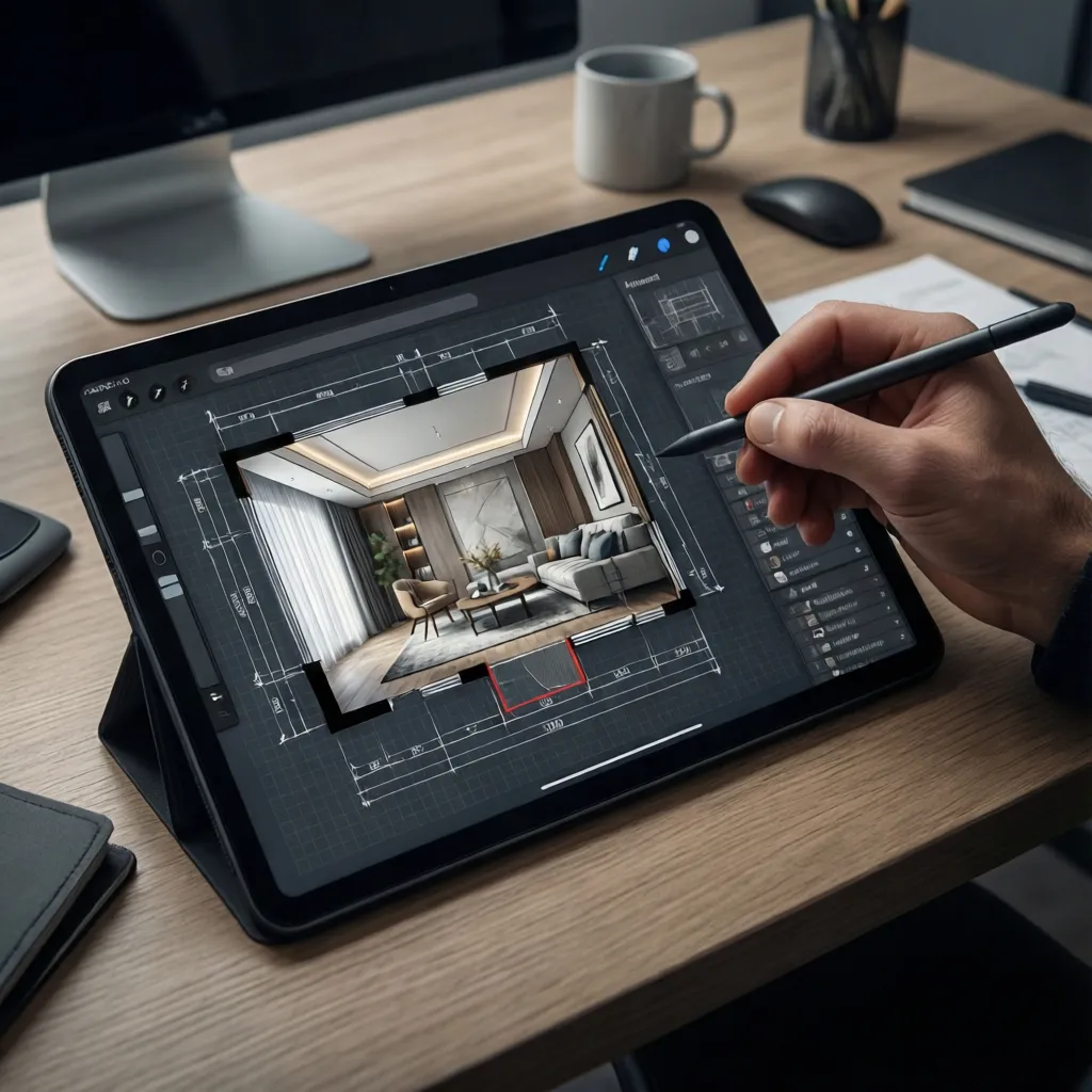 Android tablet displaying a home floor plan layout with measurement tools