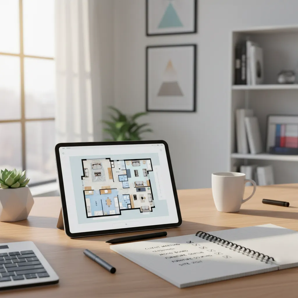 Designer reviewing a floor plan layout checklist next to an Android tablet with a room plan