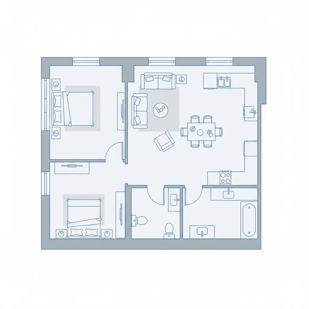 clean apartment floor plan layout with labeled rooms and furniture arrangement