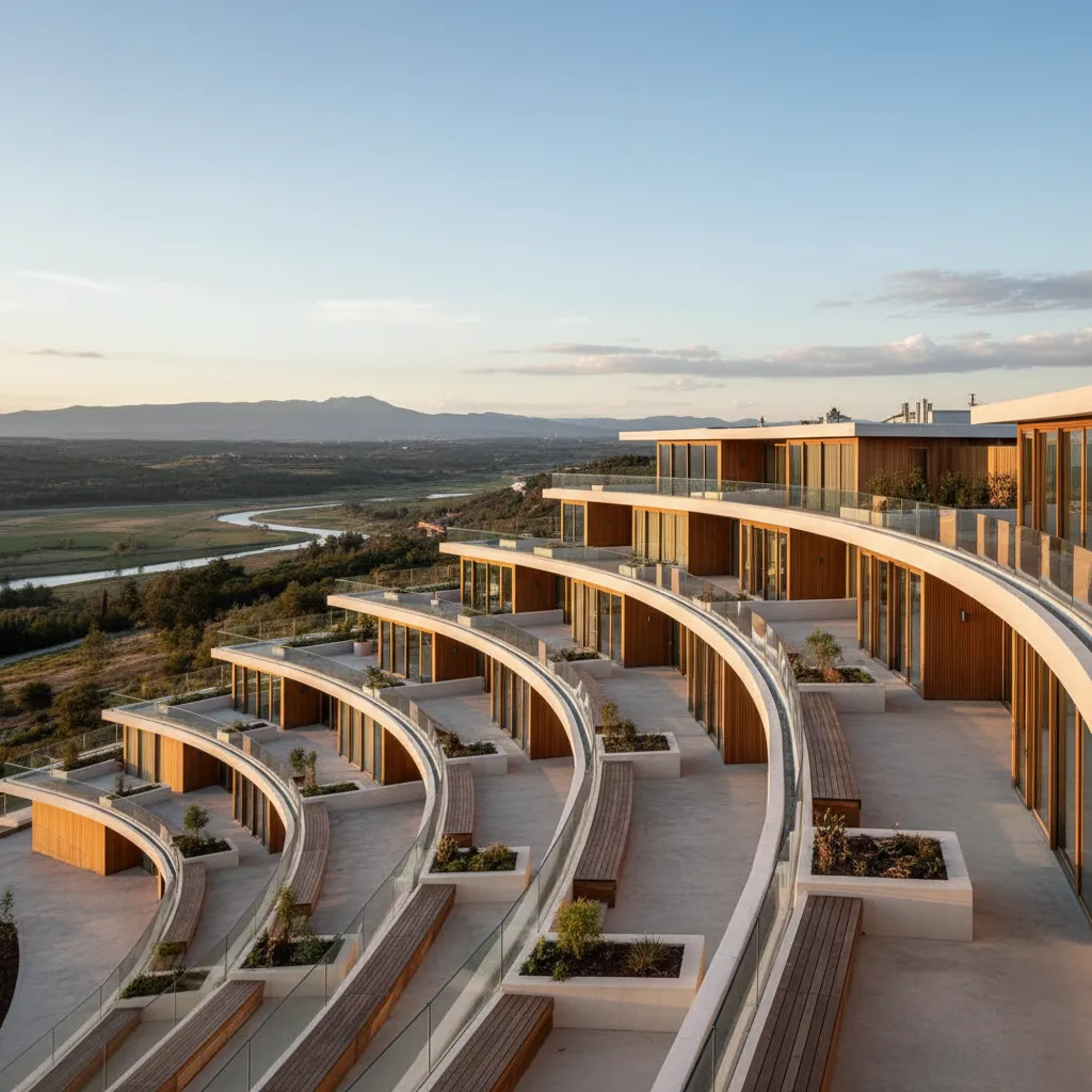 Casa con terrazas escalonadas orientadas hacia un paisaje abierto