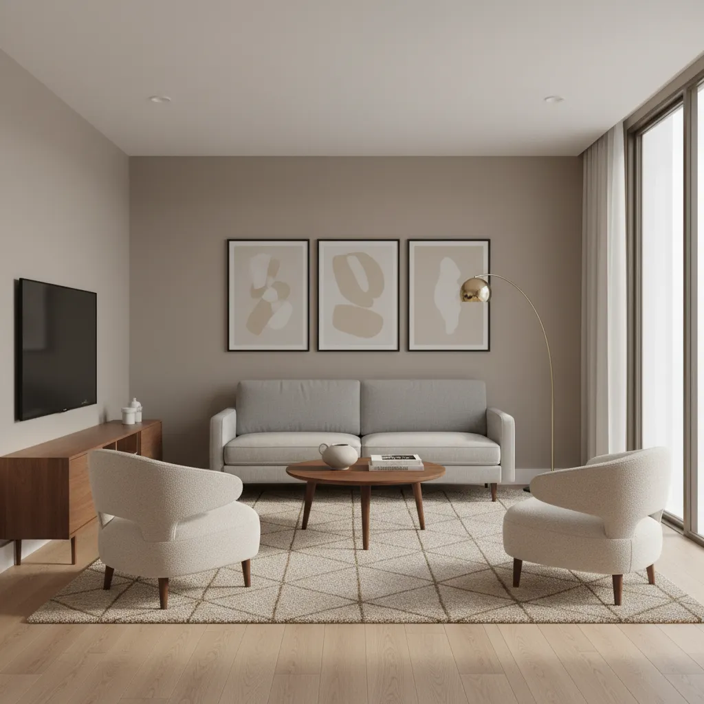 two small accent chairs angled toward sofa in a compact living room layout