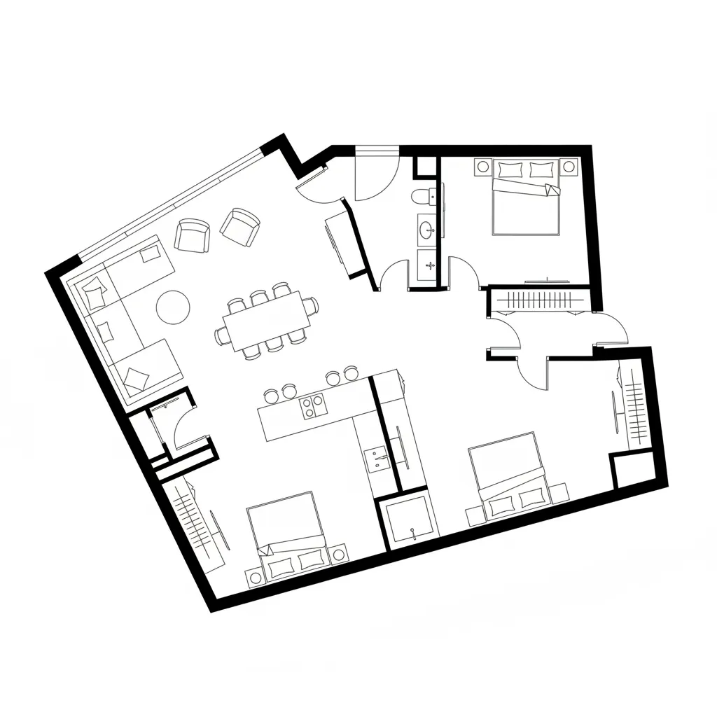 architectural floor plan showing diagonal apartment layout geometry