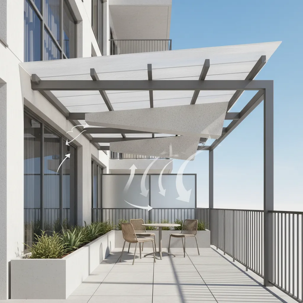 Angled balcony roof design improving airflow and ventilation