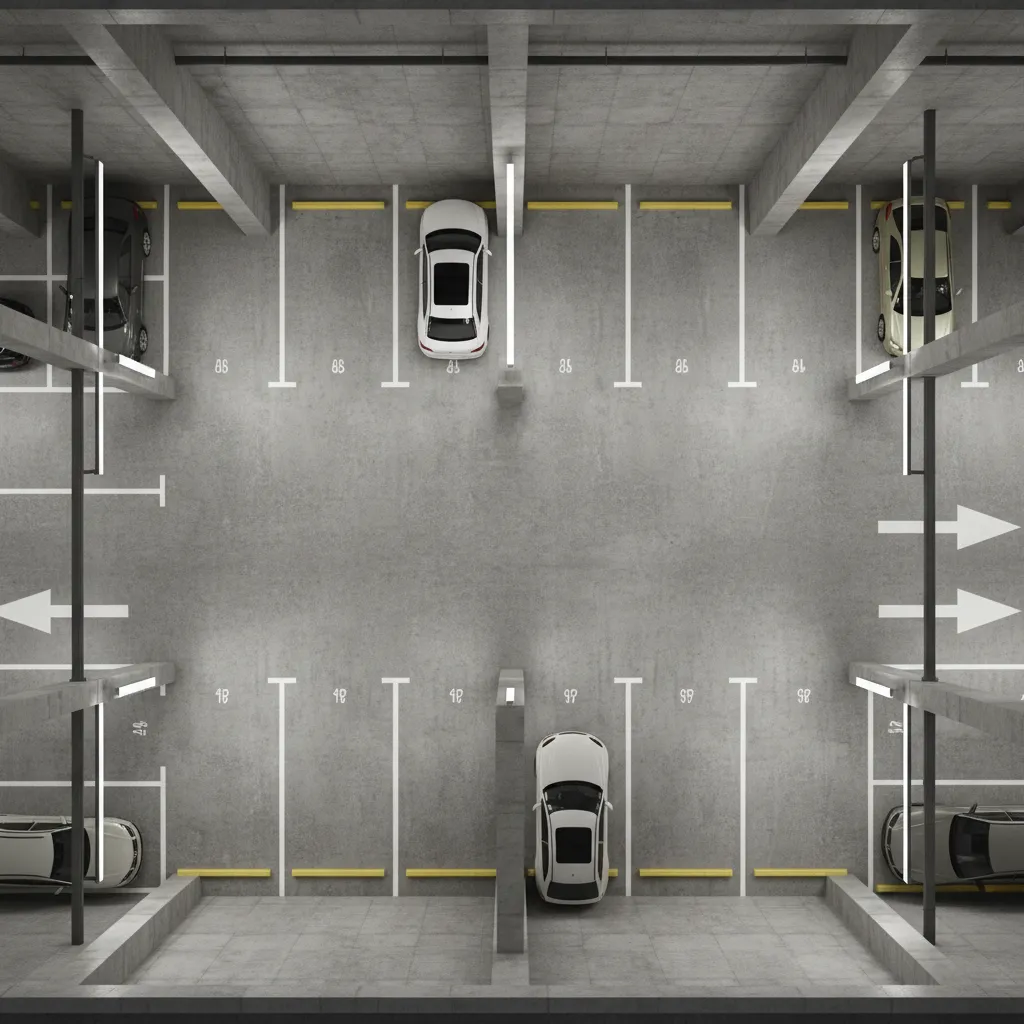 angled parking spaces with one way traffic aisle in underground garage