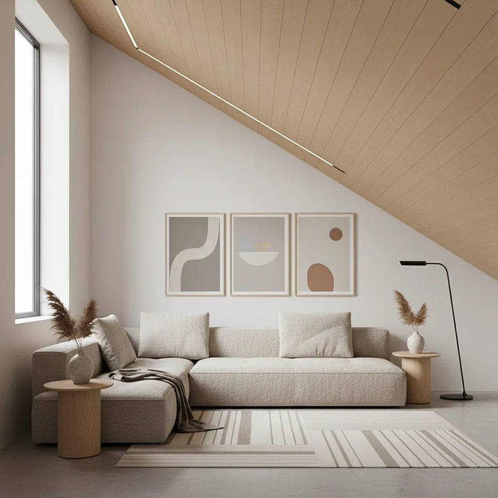 Interior diagram style visualization showing visual balance shift in a room with angled ceiling