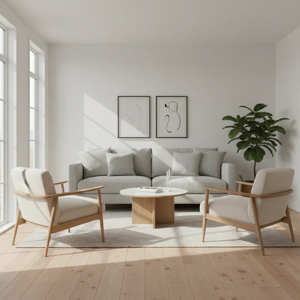 Minimalist living room with grey sofa, two wooden chairs, round coffee table, and green plant