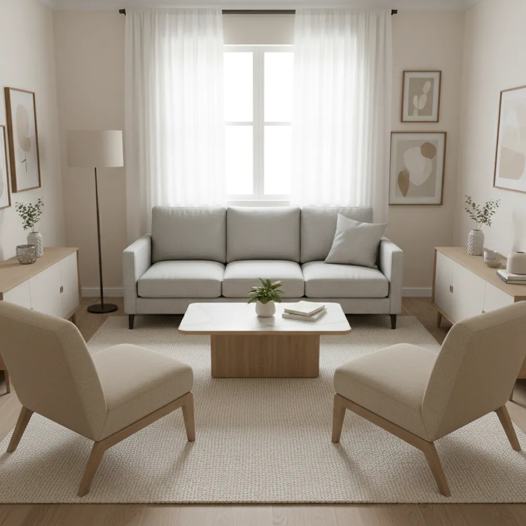 Two compact chairs angled toward a sofa in a small living room