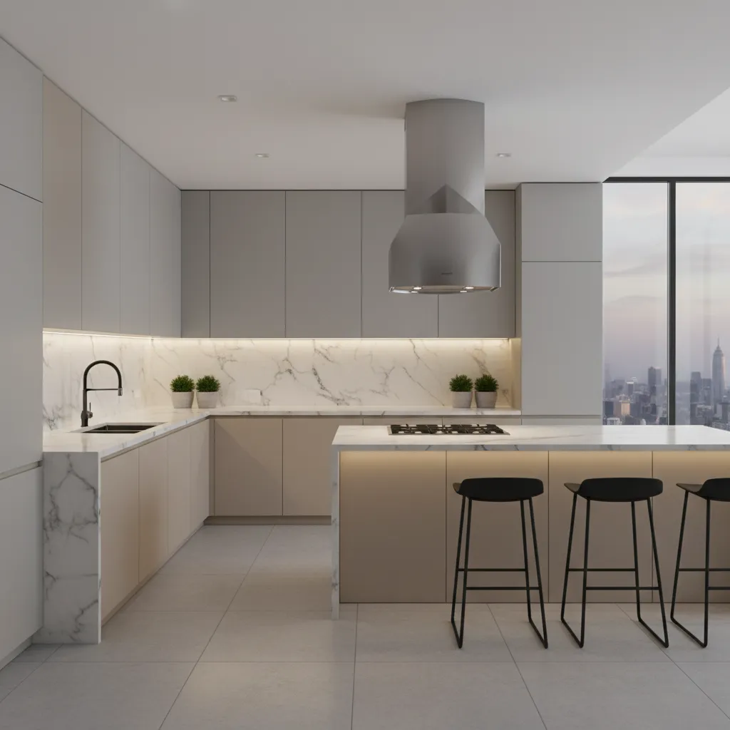45 degree angled corner hob layout with ventilation hood