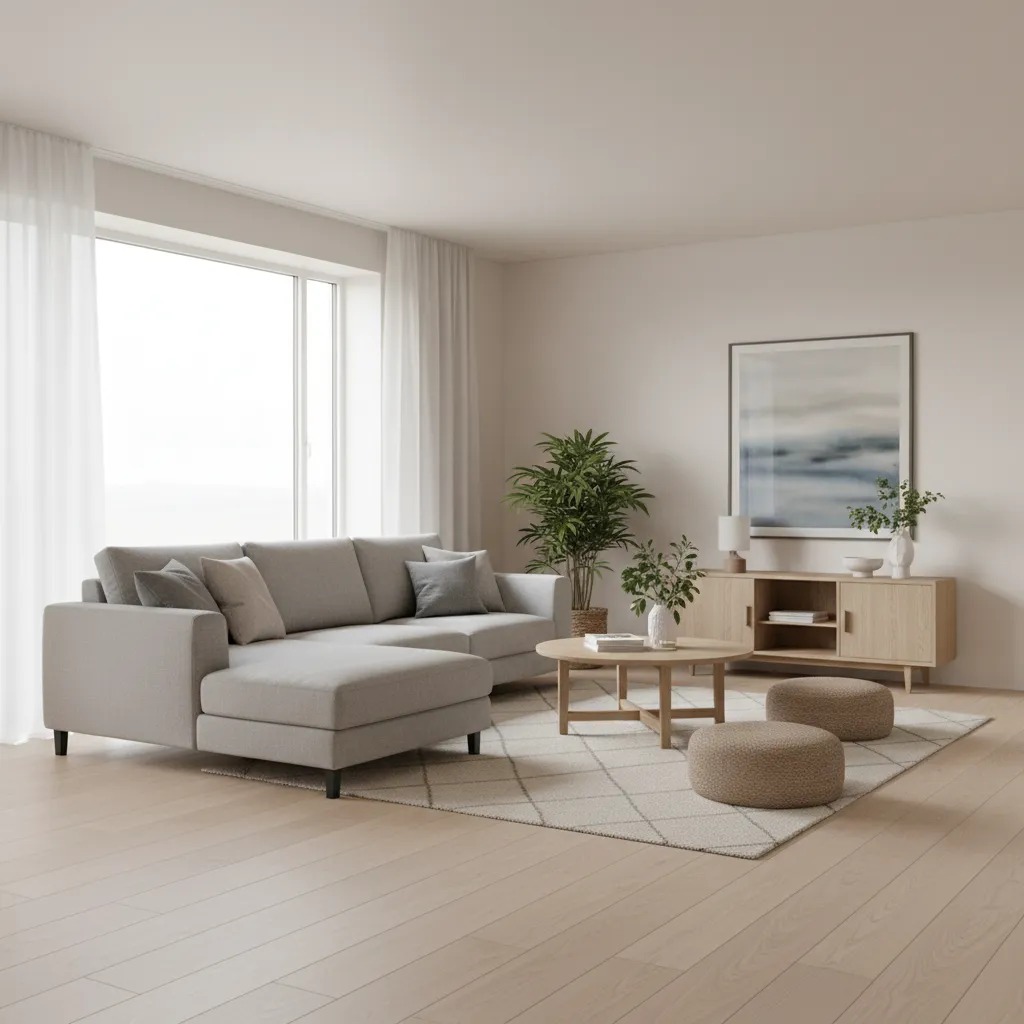 Modern living room with sofa placed diagonally creating a conversation area