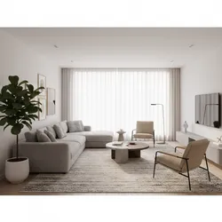 Modern living room with grey corner sofa two armchairs round coffee table rug and plant